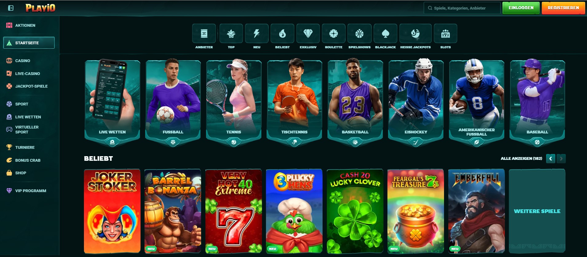 Casino-Website mit einer Vielzahl an Live-Casino-Spielen, darunter Gold Saloon Roulette, Crazy Time und Mega Fire Blaze Roulette Live. Die übersichtliche Navigation bietet Kategorien wie Casino, Live Casino, Jackpots und Sportwetten. Perfekt für Spieler, die ein Casino mit schneller Auszahlung suchen.